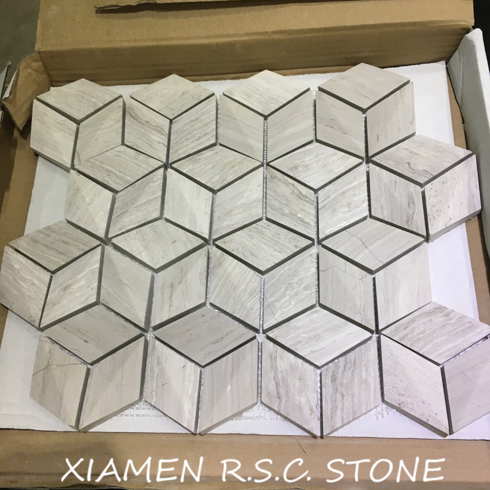 White Wooden Vein Marble Hexagon Shape Stereoscopic Mosaic White Wooden Vein Marble Hexagon Shape Stereoscopic Mosaic